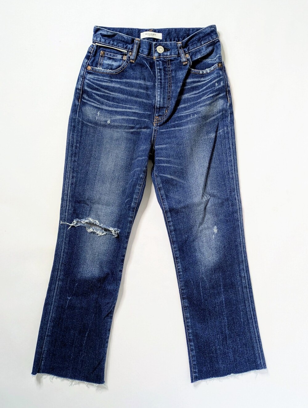 Moussy Vintage Distressed Crop Jeans 26 Dark Blue Raw Hem Japanese 24" Inseam